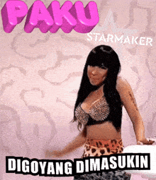 a picture of a woman in a leopard print skirt with the words " paku starmaker " on top