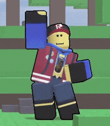 a roblox character is holding a cup of coffee and wearing a red hat with the letter r on it .