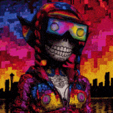 a colorful painting of a skeleton wearing headphones and goggles