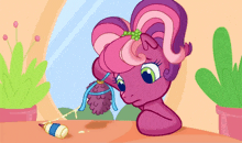 a cartoon pony is looking out a window with a bottle on the table