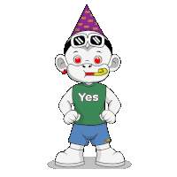 a cartoon character wearing a green shirt that says yes on it