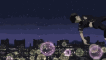 a person is floating in the air with bubbles in the background