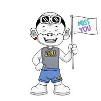 a cartoon character is holding a flag that says " miss you "