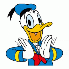 donald duck is wearing gloves and making a stop sign with his hands