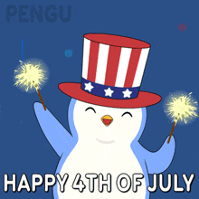 a penguin wearing an uncle sam hat is holding sparklers and wishing everyone happy 4th of july