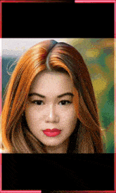 a close up of a woman 's face with a red border around it
