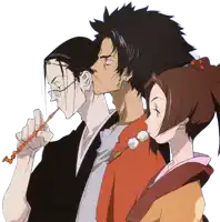 a group of cartoon characters including a man with glasses and a woman in a kimono