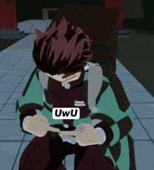 a cartoon character with a sticker on his chest that says uwu