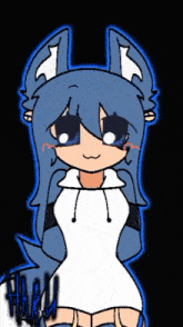 a drawing of a girl with blue hair and a white shirt