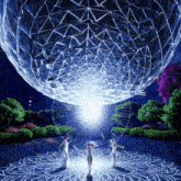 a group of women are dancing in front of a giant sphere
