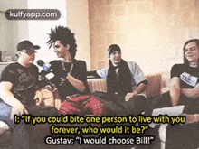 a group of people are sitting on a couch and one of them is talking to another person .