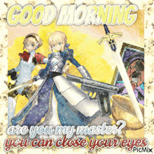 a good morning greeting card with two anime characters and a sword
