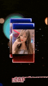 a woman 's face is displayed on a screen with a blue and red frame