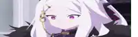 a girl with white hair and purple eyes has a chain around her neck .