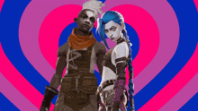a man and a woman are standing next to each other in front of a pink heart .