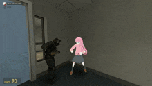 a cartoon of a girl with pink hair standing next to a man