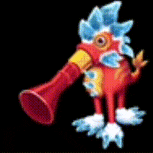 a colorful cartoon character with blue legs and a green and orange head