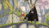 a man in a black cape is holding a sword while standing next to two children