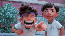 two cartoon boys are standing next to each other in front of a building and pointing at the camera .