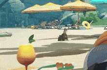 a cartoon scene of a beach with umbrellas and chairs and a drink in the foreground