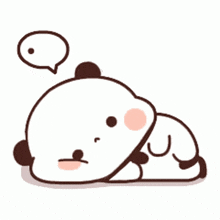 a cartoon panda bear is laying on its back with a speech bubble above its head .