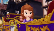sofia the first is sitting in a purple carriage with a horse .