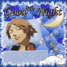 a picture of a boy sleeping with the words good night written on it