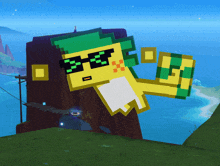 a cartoon character wearing sunglasses and a green hat holds a book