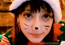 a girl with a cat face painted on her face and the words dinomitetwins on the bottom