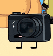 a cartoon drawing of a black camera with arms and legs