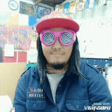a man wearing a hat and pink hypnotic glasses made with vgifguru