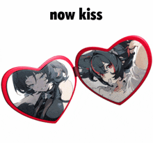 a heart shaped mirror with a picture of a girl on it and the words now kiss below it