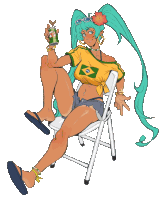 a drawing of a woman sitting in a chair holding a can of beer