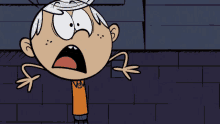 a cartoon character named lincoln from the loud house is standing in front of a brick wall