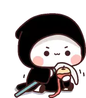 a cartoon character is wearing a black cape and holding a cup of coffee .