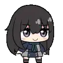 a pixel art drawing of a girl with long black hair and a blue skirt .