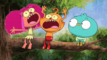 three cartoon characters are sitting on a tree branch with their mouths wide open