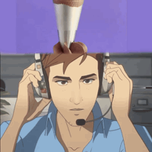 a man wearing headphones has a cone on his head