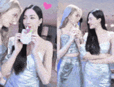 two women are standing next to each other and one is drinking from a bag that says vitamin a.d.e.t.