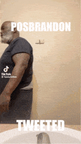 a man with a beard is standing in front of a sink with the caption posbrandon tweeted below him