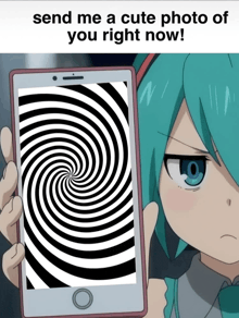 a girl is holding a cell phone with a hypnotic spiral on the screen