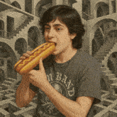 a man wearing a shirt that says ' n bay ' on it is eating a hotdog