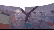 a dragon is flying over a city in the rain with a speech bubble that says " everlasting " on it