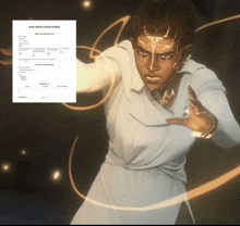 a job application form is next to a drawing of a person