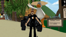 a man is standing next to a cartoon duck and a sign that says ozgate transit