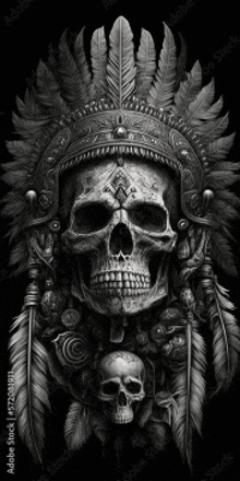 a skull wearing a native american headdress and feathers