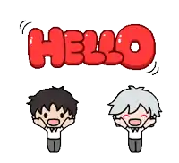 a pixel art drawing of two boys with their hands in the air saying hello