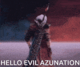 a devil may cry character says hello evil azunation while holding a sword