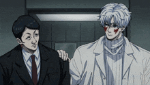 a man in a suit and tie is standing next to a man in a white coat
