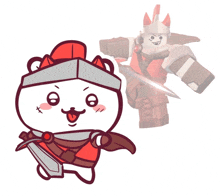 a cartoon of a bear holding a sword next to a cartoon of a knight